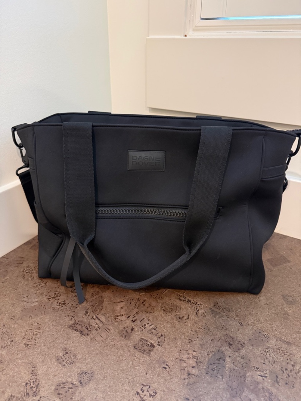 Dagne Dover Black Neoprene Duffel Tote with Front Zip